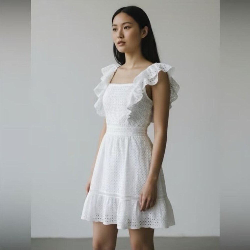 NEW Alice + Olivia Womens 8 Remada Eyelet Cotton Ruffle Mini Dress White